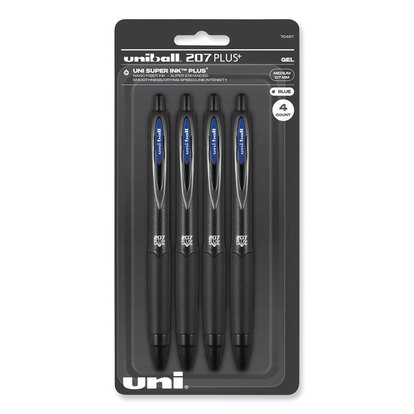 Uniball Gel Pen 207 Plus+, Retractable, Medium 0.7 mm, Blue Ink, Black Barrel, 4PK 70457